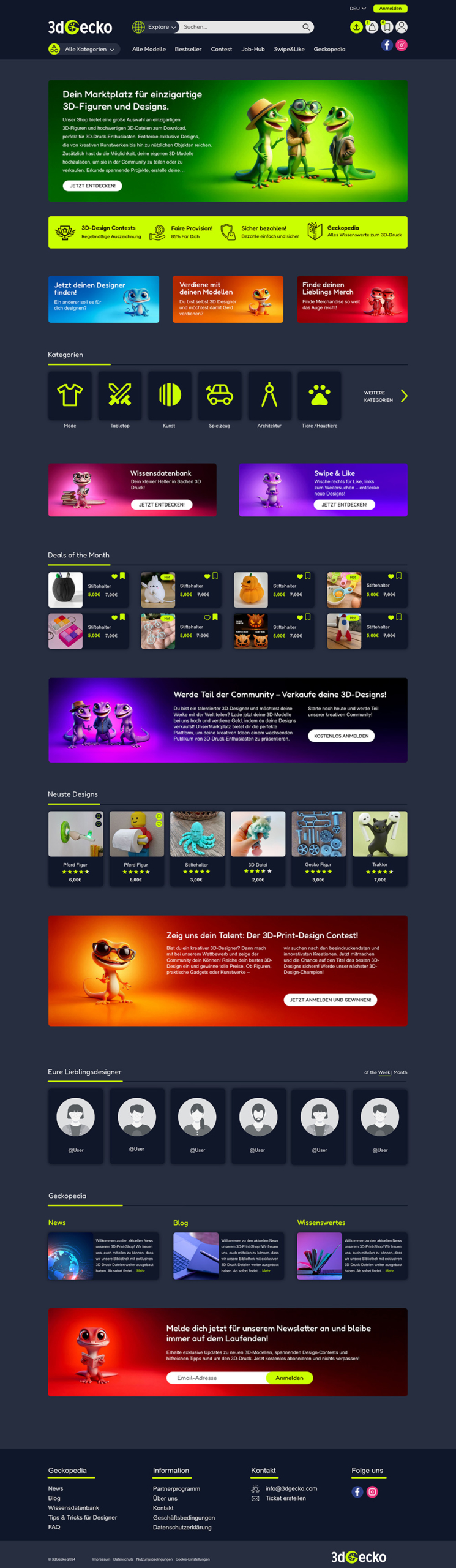 Screenshot der 3D-Gecko-Website mit bunten 3D-Figuren und Design-Angeboten.