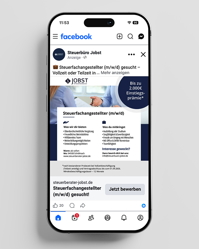 Smartphone mit Facebook-Anzeige für Steuerfachangestellte in Voll- oder Teilzeit.