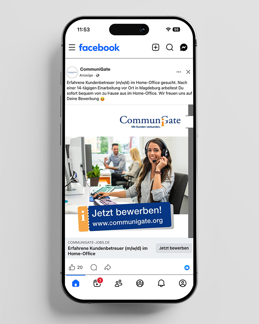 Smartphone zeigt Facebook-Anzeige für Home-Office Kundenbetreuer bei CommuniGate.