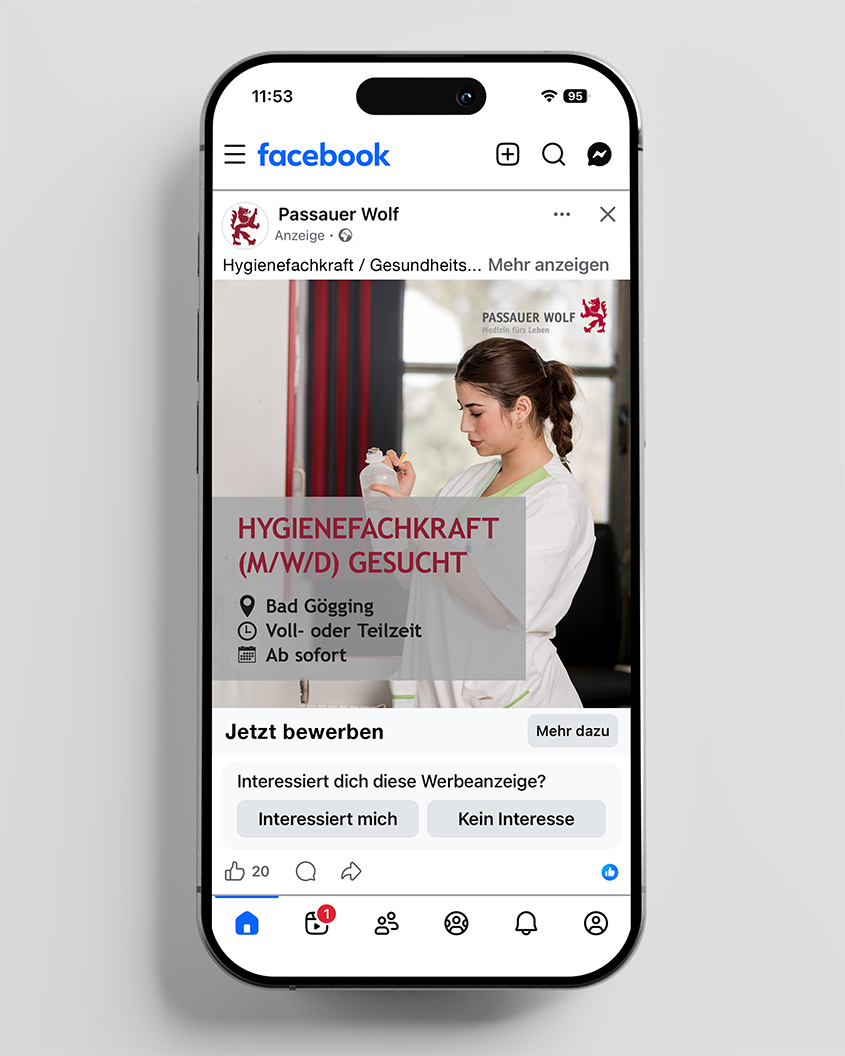 Anzeige für Hygiene­fachkraft in Bad Gögging auf Facebook. Jetzt bewerben!