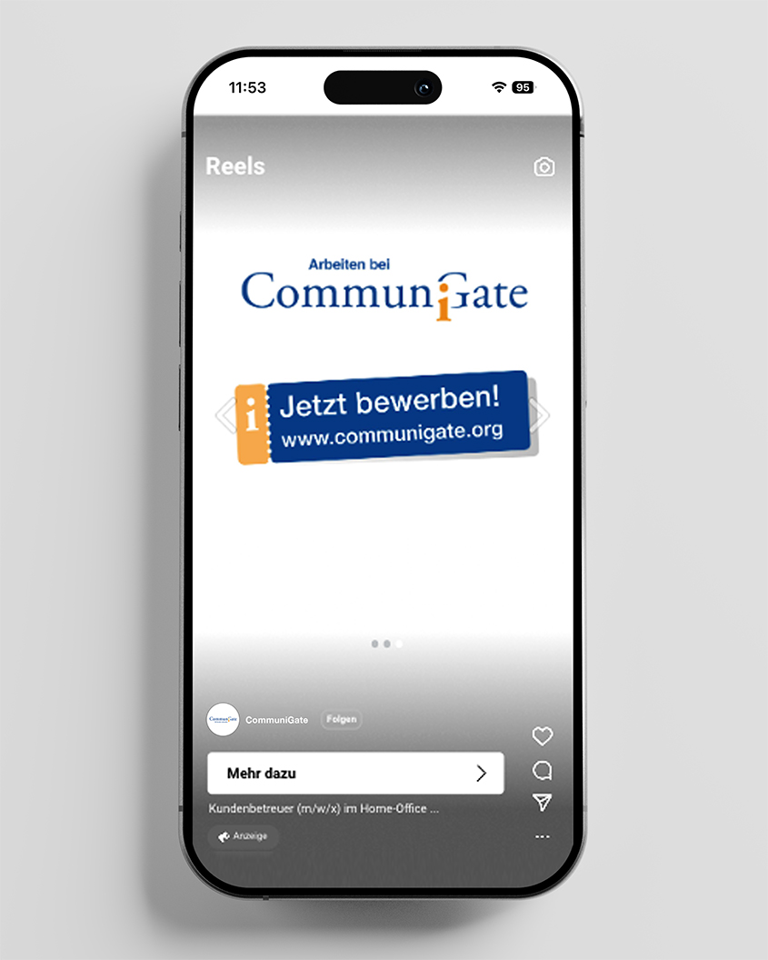 Smartphone-Bildschirm mit CommuniGate-Logo und der Aufforderung „Jetzt bewerben!“