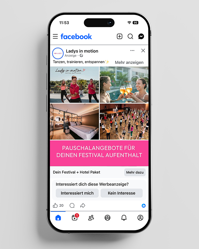 Smartphone zeigt Facebook-Anzeige für Festival-Pauschalangebote von Ladys in motion.