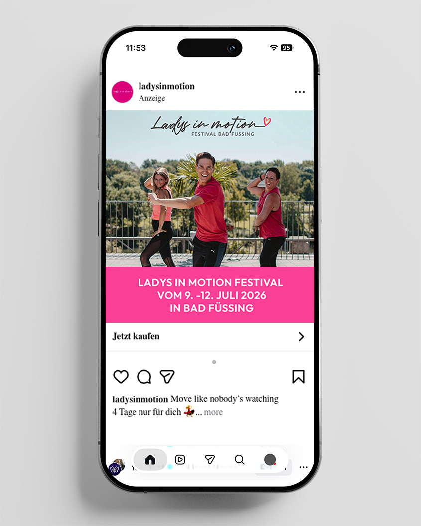 Instagram Ads Ladys in Motion Festival 2026 in Bad Füssing, mit Tänzern.