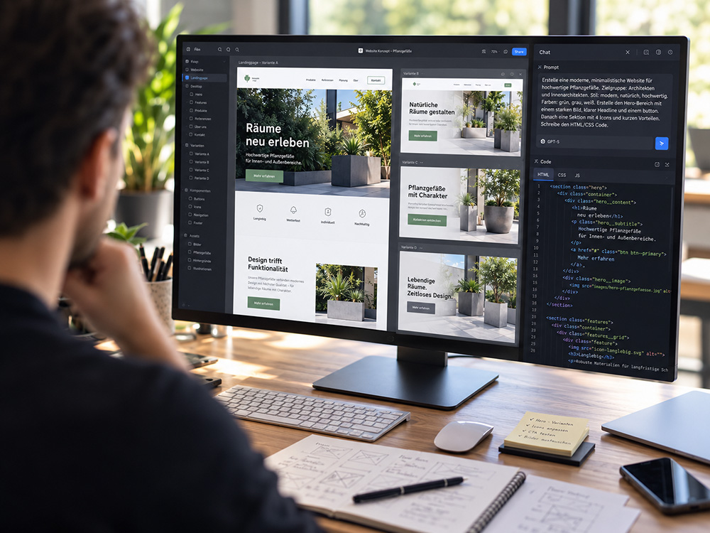 KI-Webdesign Mann arbeitet an Website-Design für Pflanzgefäße auf großem Monitor.